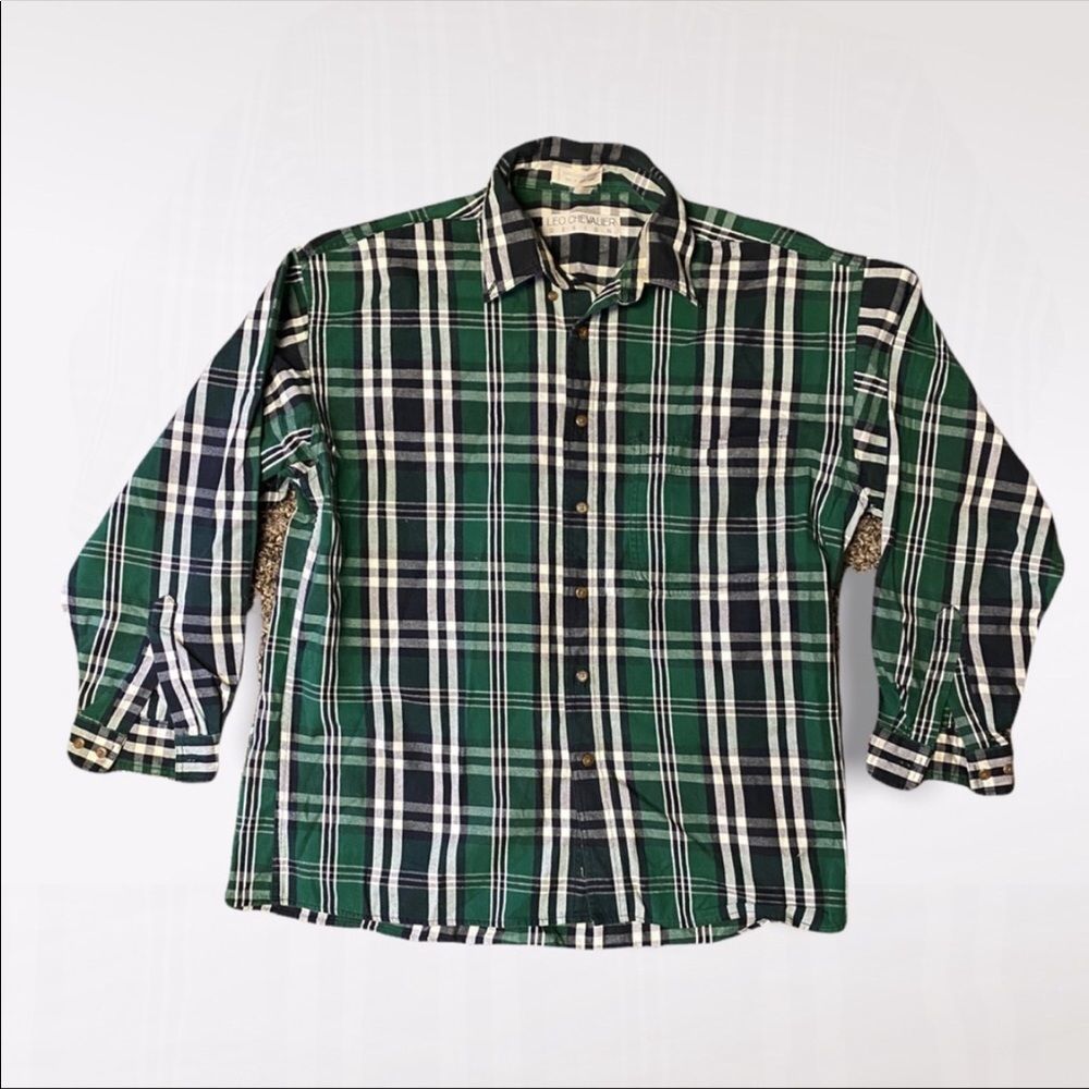 LEO CHEVALIER | Men’s Green and White Plaid Casual Button Down